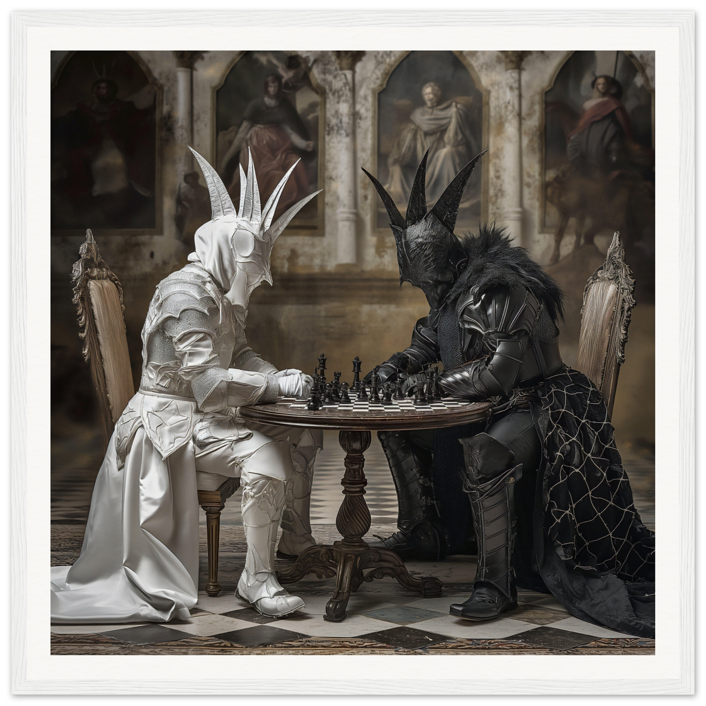 Two costumed figures in rabbit masks enjoying Chessboard Waltz at a wooden table