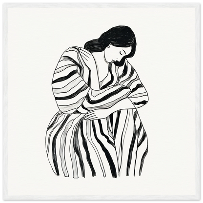 Black and white illustration of a figure in a flowing striped dress for Contemplative Striped Tranquility