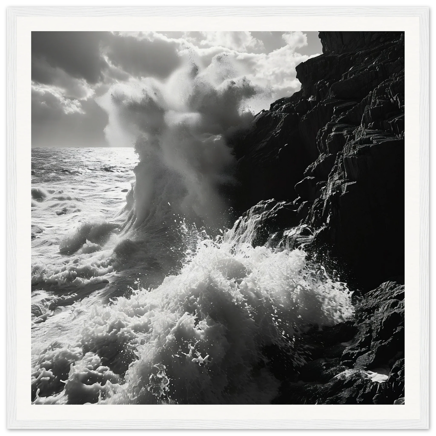 A powerful ocean wave crashes on cliffs in the Dance Infernal Embrace special edition art™