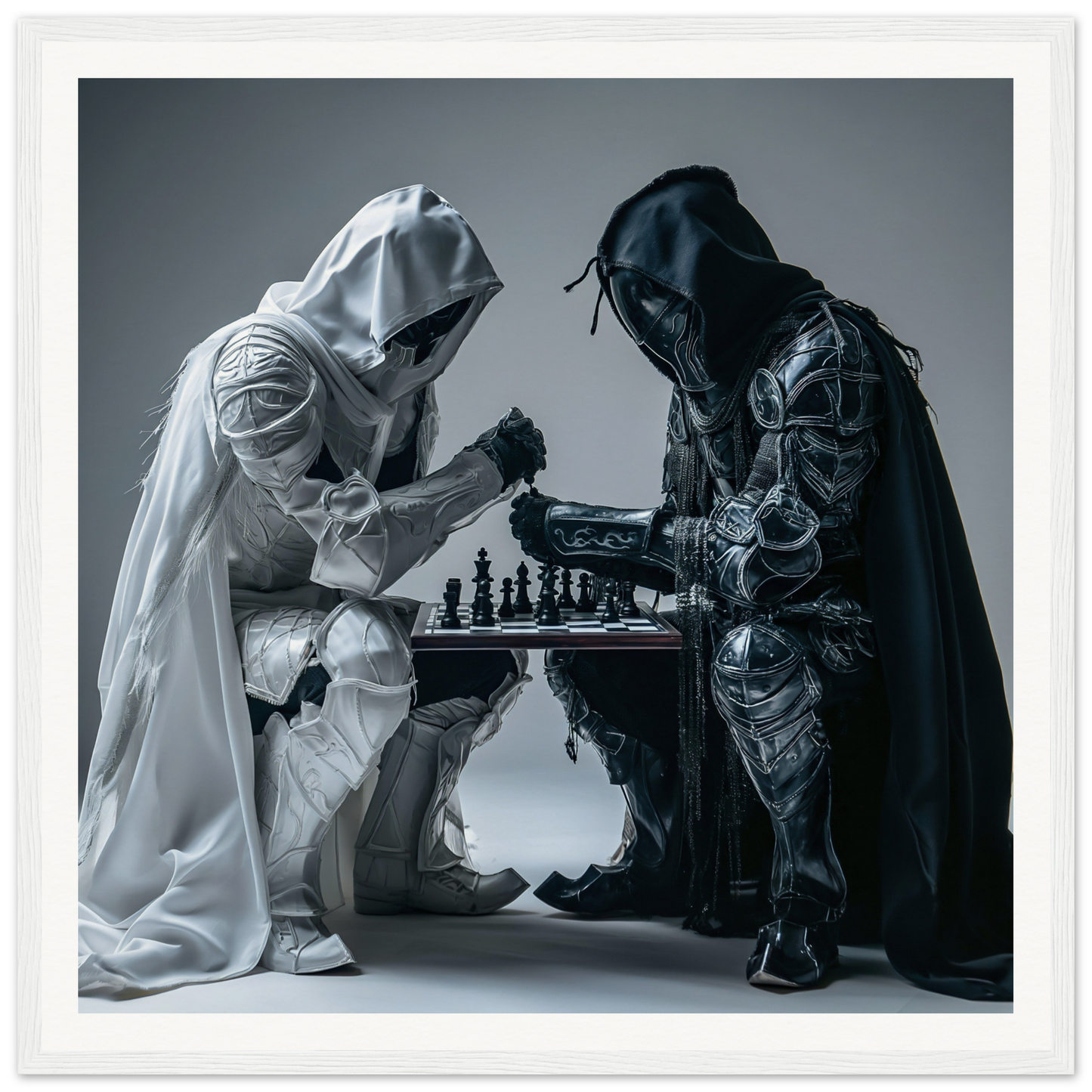 Two hooded figures in white and black robes playing chess in Duality Chess Dreamscape