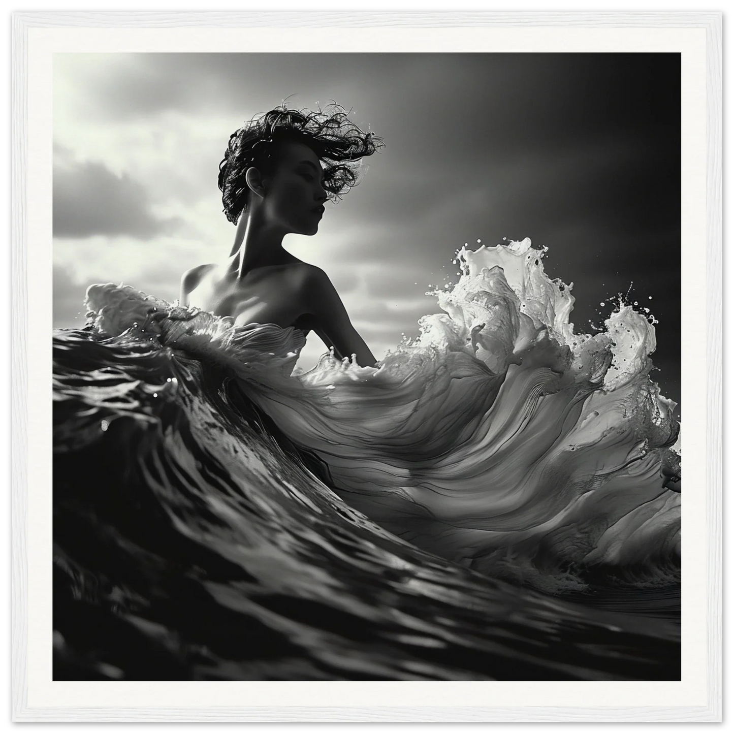 Dramatic black and white photo of a figure merging with crashing waves, timeless elegance