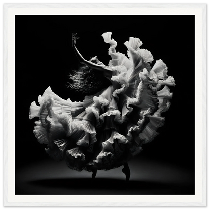 A flowing white dress dances in motion with Ecstatic Twirl Shadows framed poster