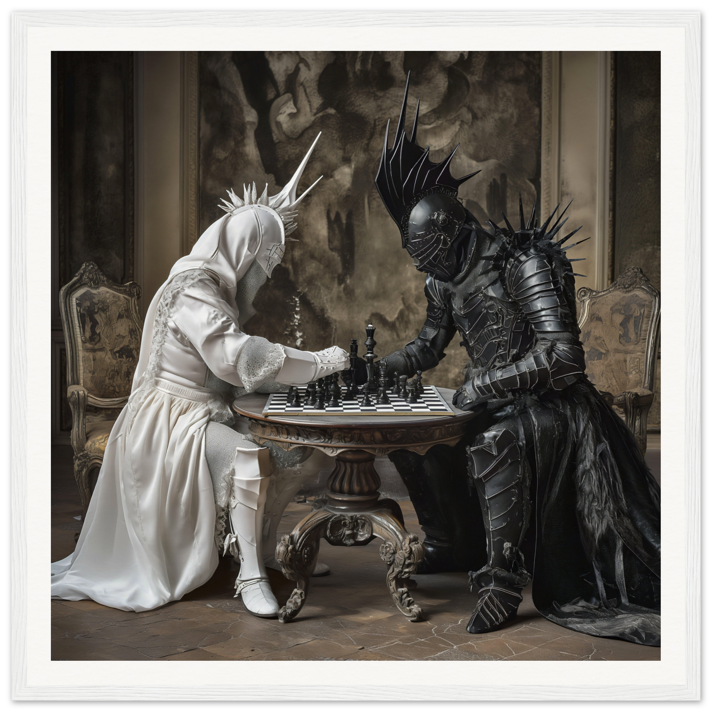 Two armored figures in white and black engage in an Elegant Chess Duel art piece