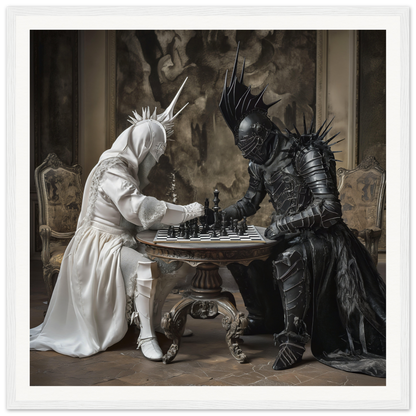 Two armored figures in white and black engage in an Elegant Chess Duel art piece