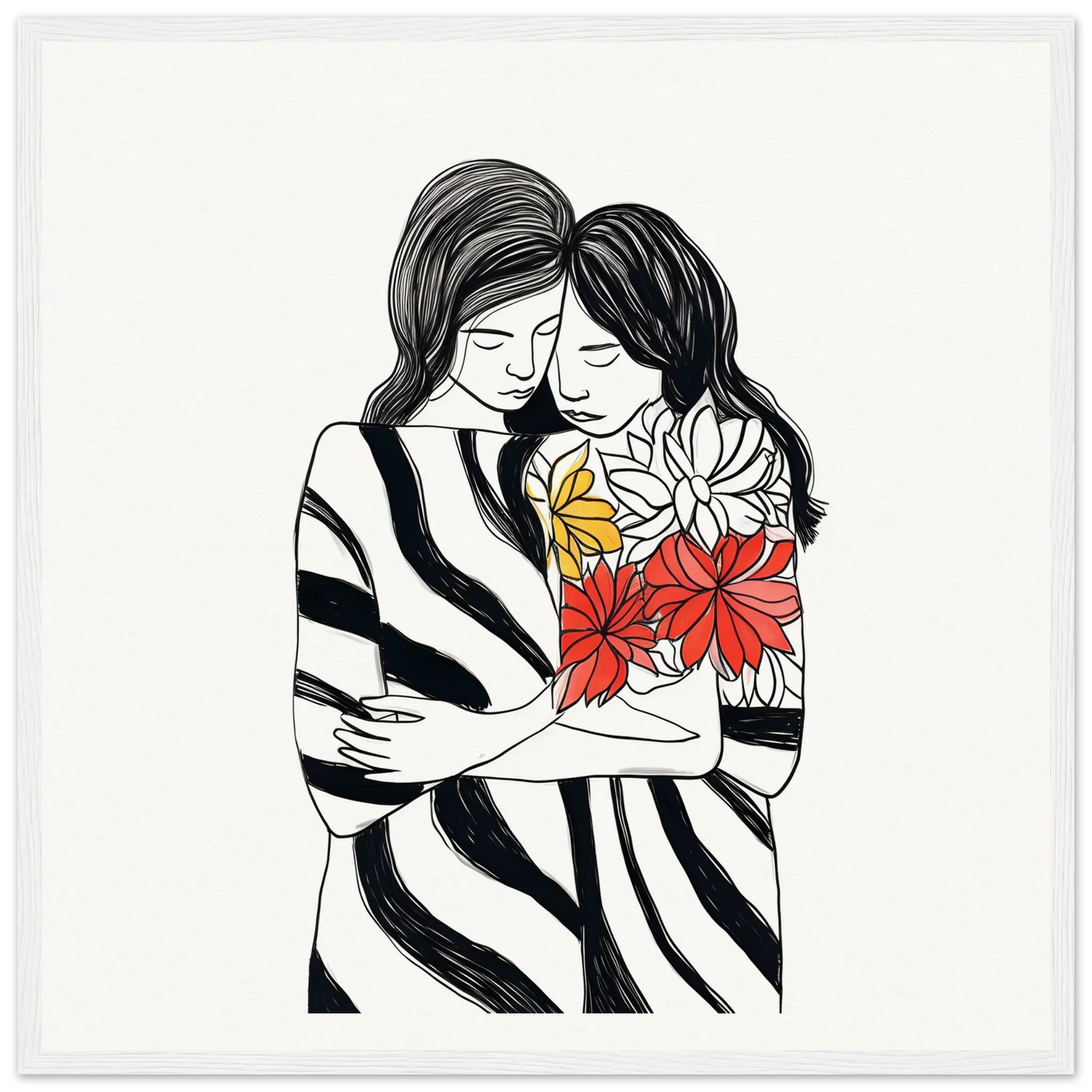 Line drawing of two people embracing with flowers in Embrace Florid Flicker art