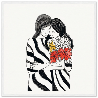 Line drawing of two people embracing with flowers in Embrace Florid Flicker art