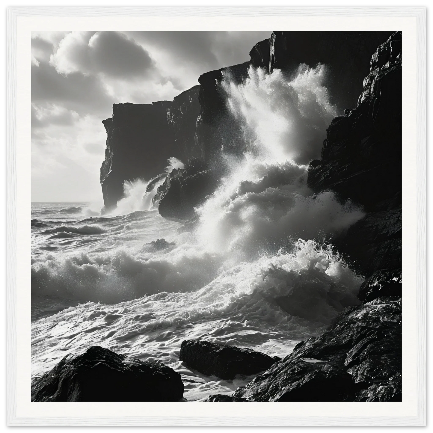 Powerful ocean waves crash on cliffs in Ephemeral Stone Symphony framed poster