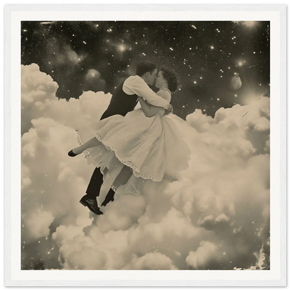 Two figures in vintage outfits dancing among clouds in Eternal Cosmic Swoon art