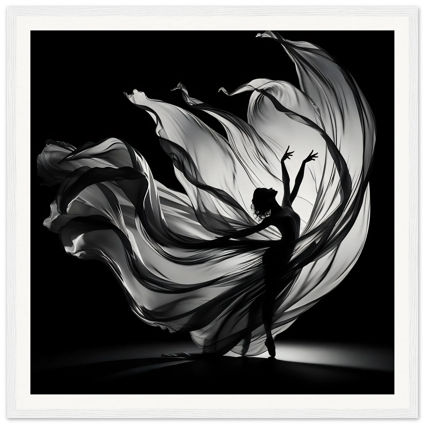 Silhouetted dancer in flowing fabric creating a dramatic spiral for Ethereal Dance Reverie