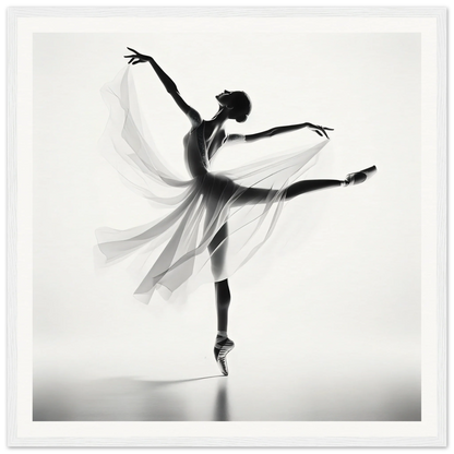 Graceful ballet dancer in flowing dress en pointe, part of Ethereal Grace’s Whisper framed wall art