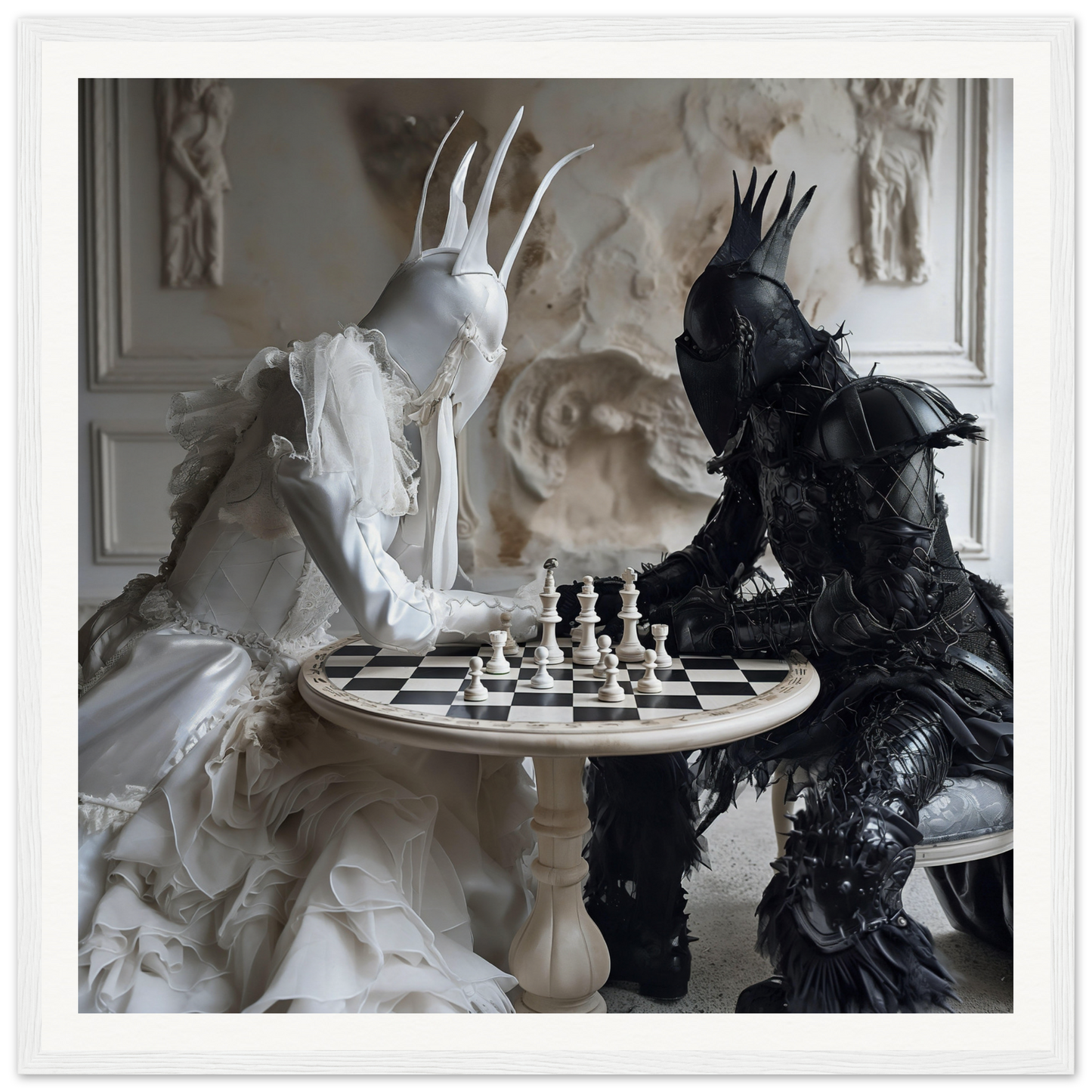 Two crowned figures in black and white playing chess in Ethereal Minds’ Duel art piece