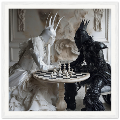 Two crowned figures in black and white playing chess in Ethereal Minds’ Duel art piece