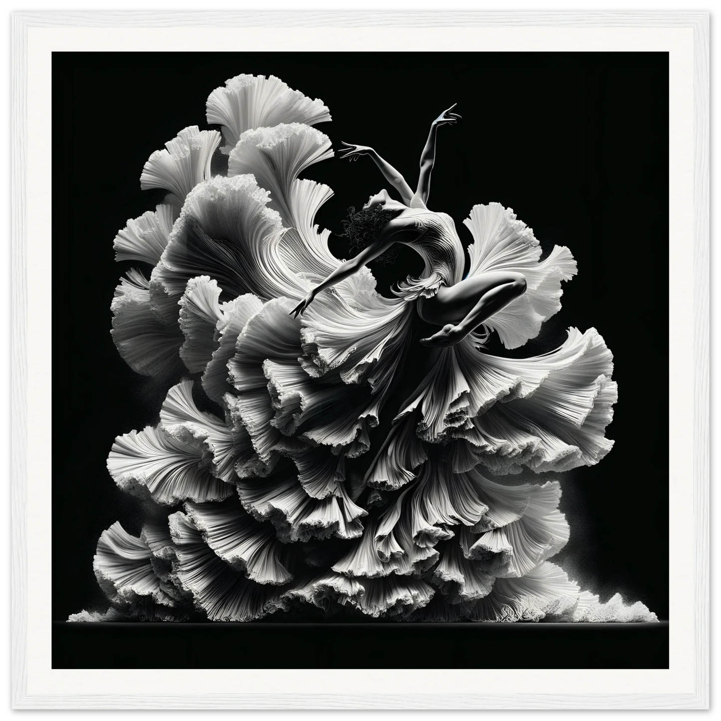 Delicate ruffled petals of a carnation in black and white, Ethereal Motion Reverie design