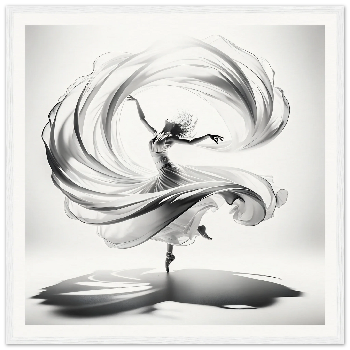 Graceful dancer in white fabric swirling in Ethereal Vortex Symphony framed poster