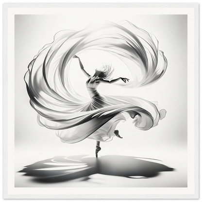 Graceful dancer in white fabric swirling in Ethereal Vortex Symphony framed poster