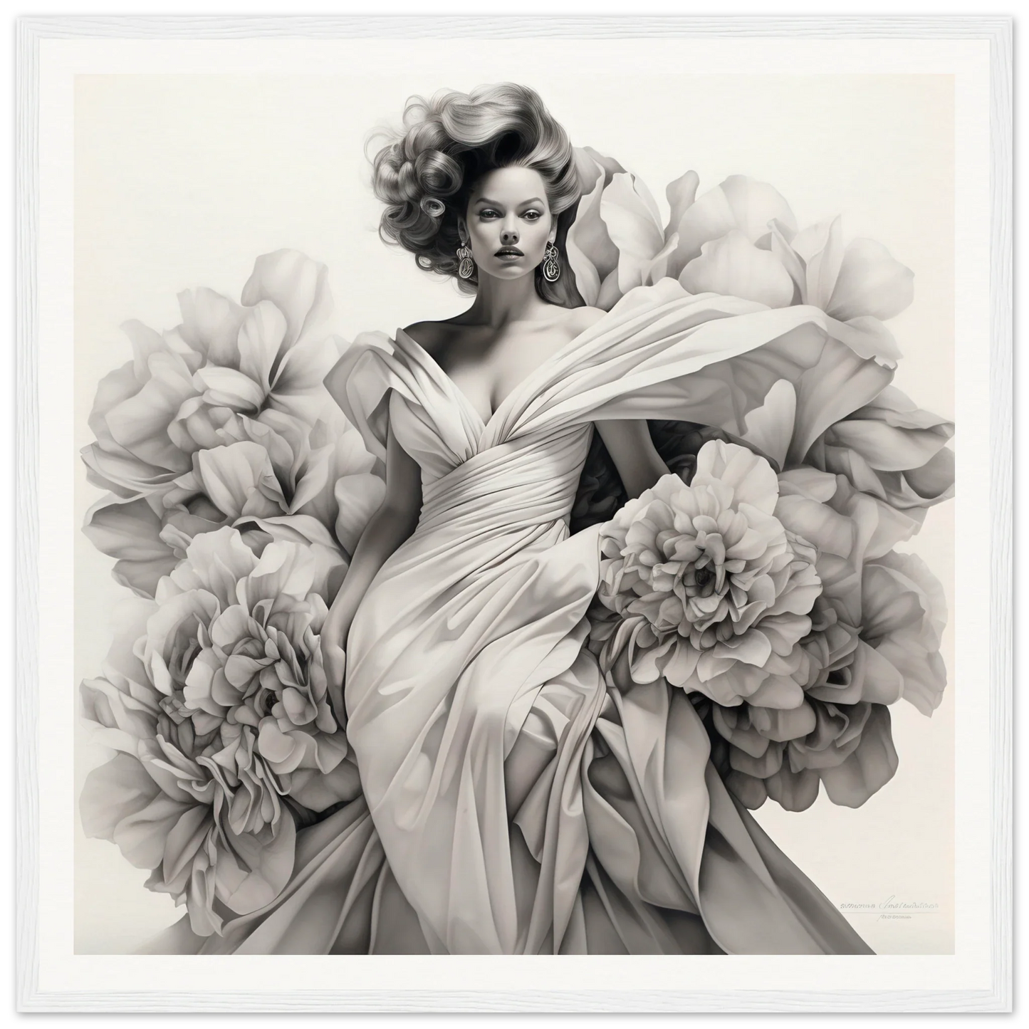 Gown Enveloped Blossoms art featuring flowing fabric and peony blooms in black and white