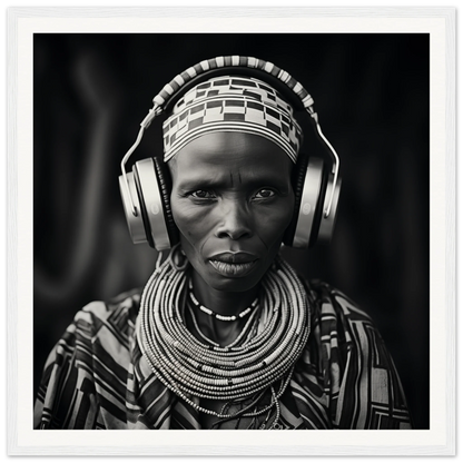 Striking black and white portrait of African jewelry and modern headphones in Head사는Unity special edition art™