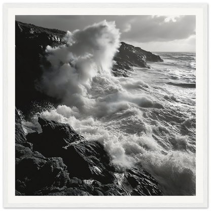 Powerful ocean waves crash against rocky cliffs in an Infinite Nautical Poem room decoration