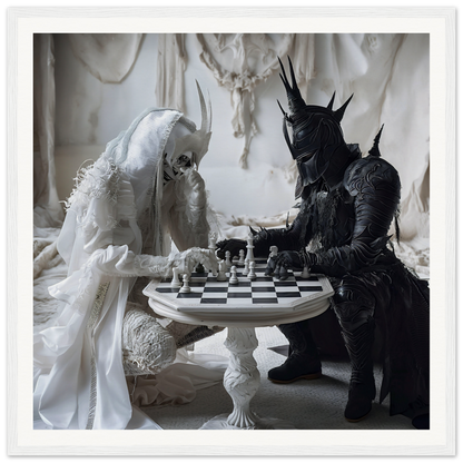 Chess match between Death in white and a dark warrior in Kindled Celestial Dance art