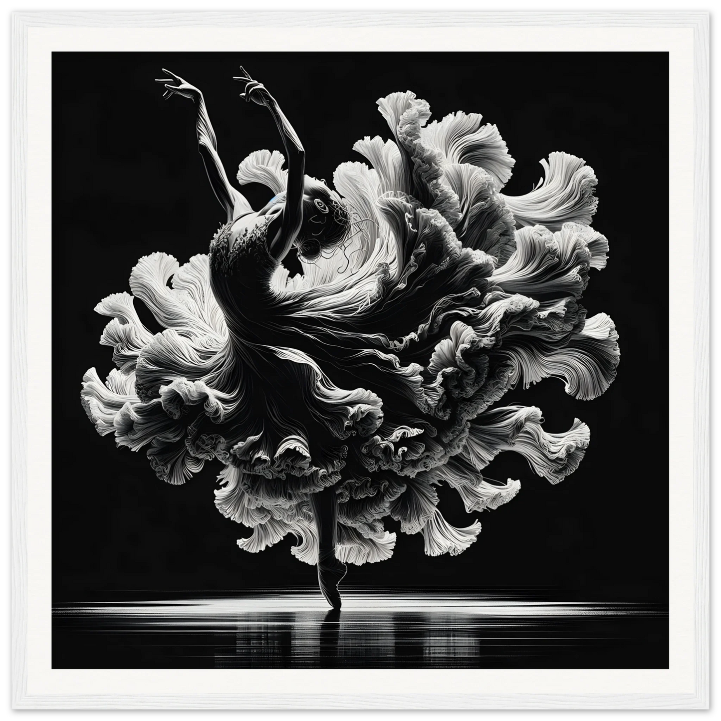 Dancer in flowing fabric forms a flower shape in Kinetic Elegance Reverie art piece