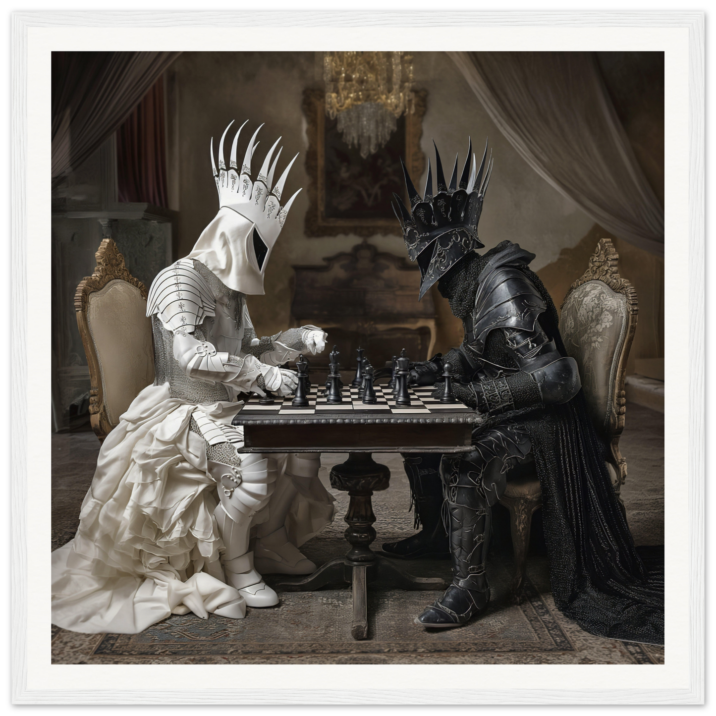 Two armored figures in black and white playing chess in Kinship Checkmates Cosmos