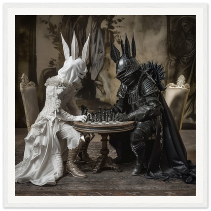 Two armored figures in black and white rabbit masks playing chess from Knighted Dreamscapes