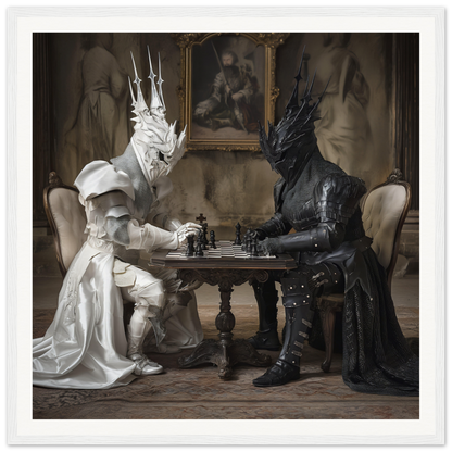 Two armored figures playing chess at a table in Knights’ Cerebral Ballet art™