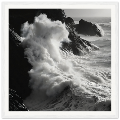 Powerful ocean waves crashing against rocky cliffs in a white seascape framed poster