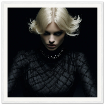 Dramatic portrait with platinum blonde hair in Luminous Gothic Whispers, framed art