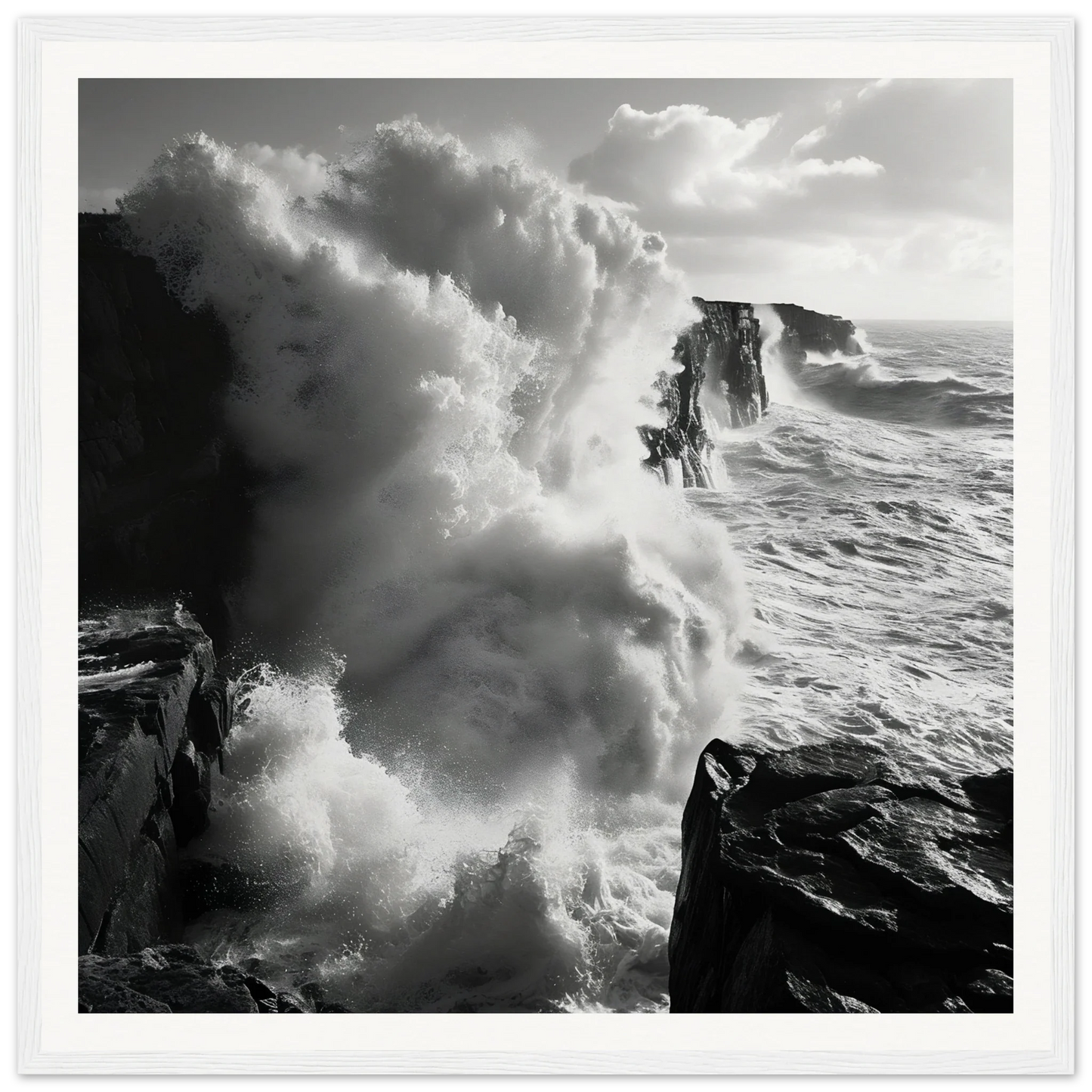 Dramatic ocean waves crashing on dark cliffs in Majestic Tempest Dance artwork