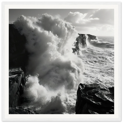 Dramatic ocean waves crashing on dark cliffs in Majestic Tempest Dance artwork