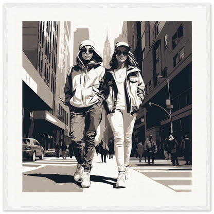 Two friends in casual streetwear stroll down a city sidewalk, Metropolis Footprints Drifting