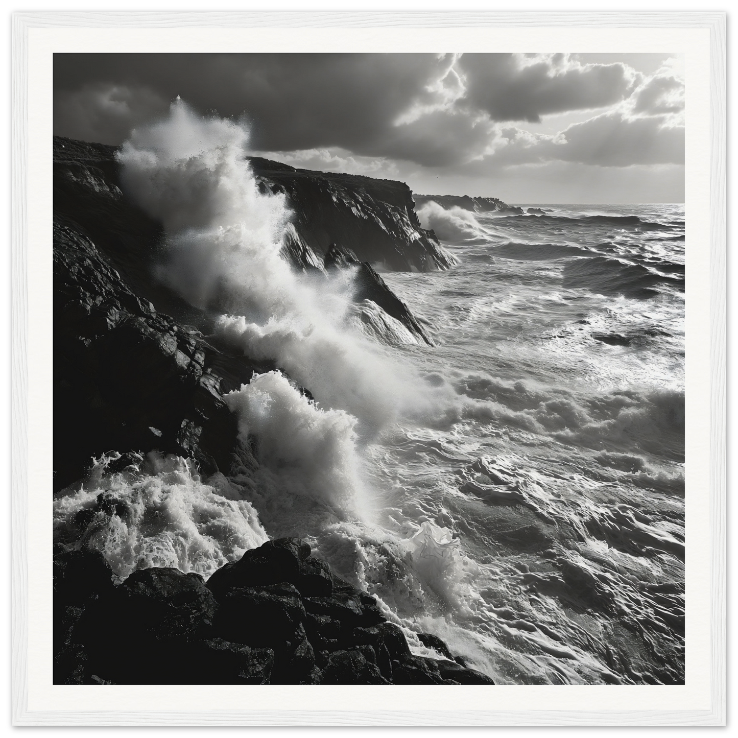 Powerful ocean waves crash on cliffs in Mystic Tempest Waltz framed posters