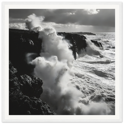 Powerful ocean waves crash on cliffs in Ocean Roars Symphony framed poster