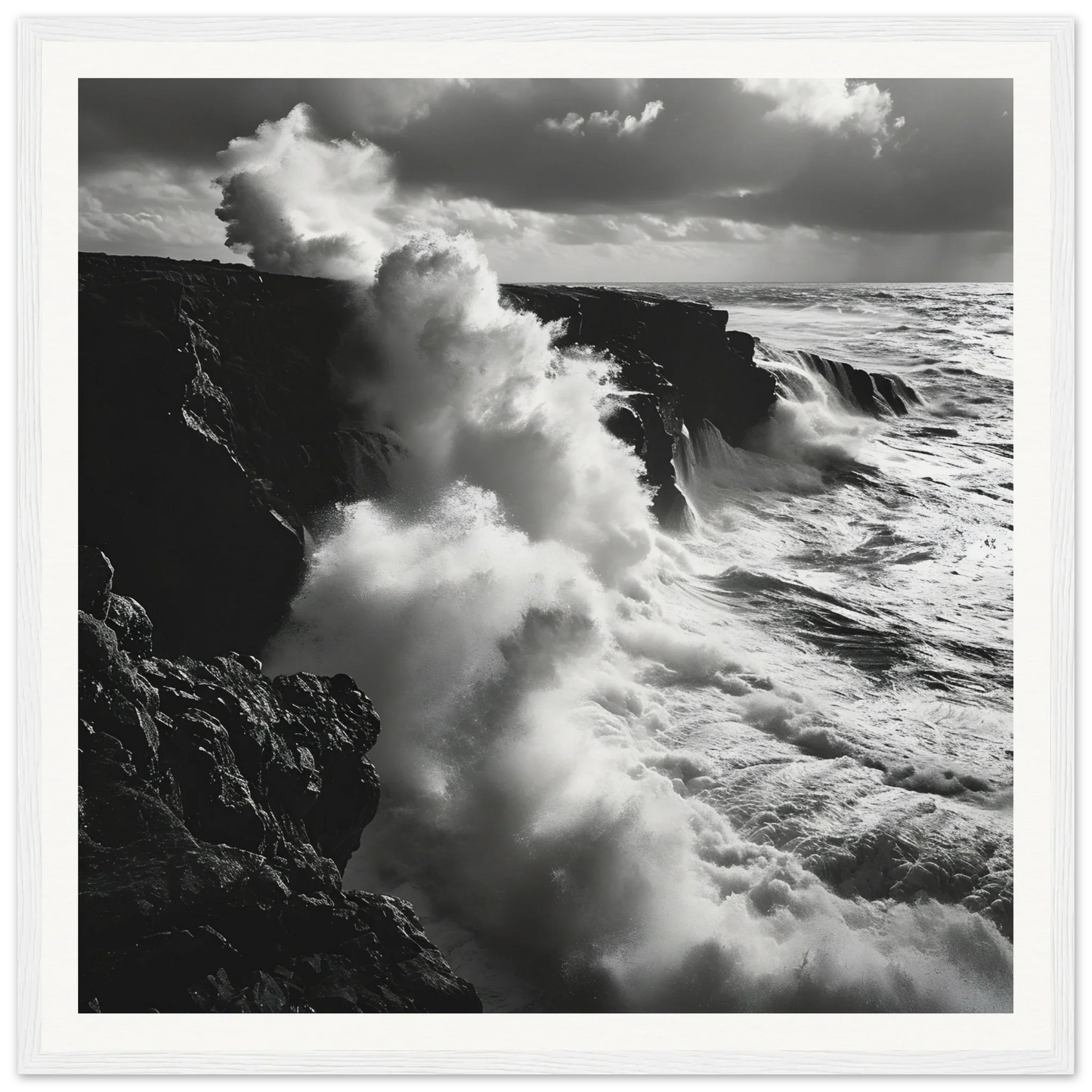 Powerful ocean waves crash against dark cliffs in Ocean’s Rhapsody Reflections art