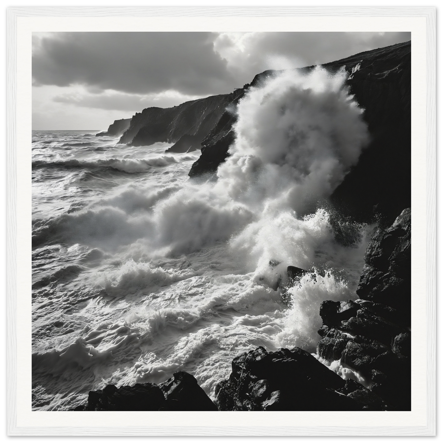 Powerful ocean waves crash on dark cliffs in Ocean’s Untamed Poems special edition art™