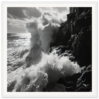 Powerful ocean waves crash on rocky cliffs in Ocean’s Unyielding Fury art print