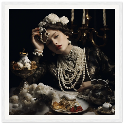 Dramatic portrait showcasing Opulence’s Quiet Soul with pearl necklaces and floral accessories