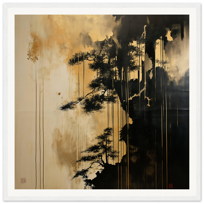 Silhouetted pine tree with paint drips in Pine Fog Reverie museum-quality art piece