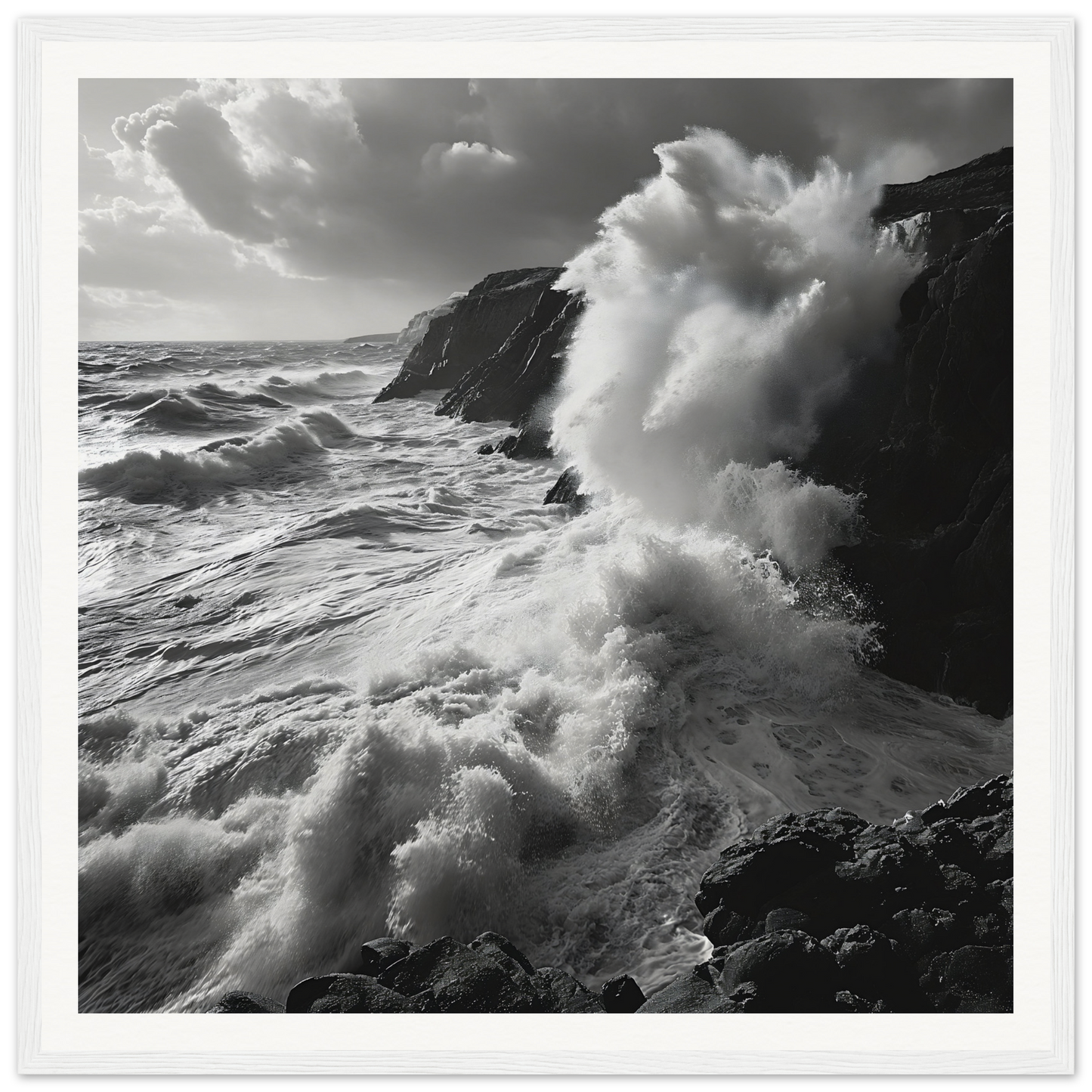 Powerful ocean waves crash against cliffs in the Primal Ocean Symphony framed masterpiece