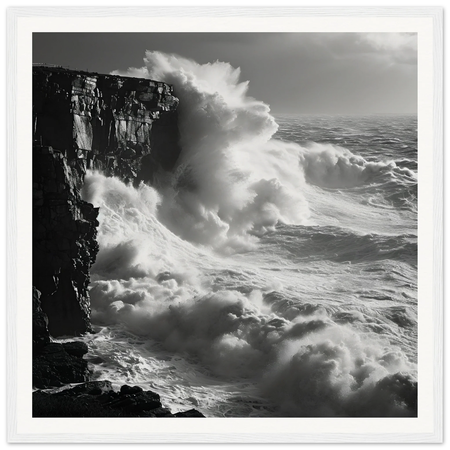 Powerful ocean waves crashing on a cliff in Relentless Ocean’s Ballet framed poster