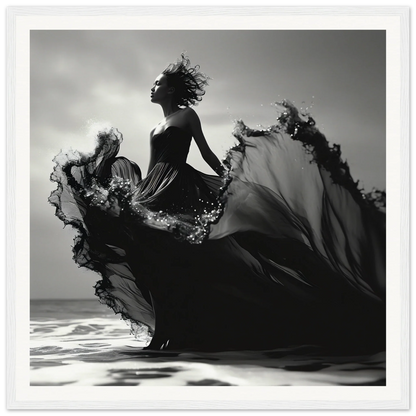 Silhouetted figure in flowing dress captured in motion for Sea Elegance Ascends art