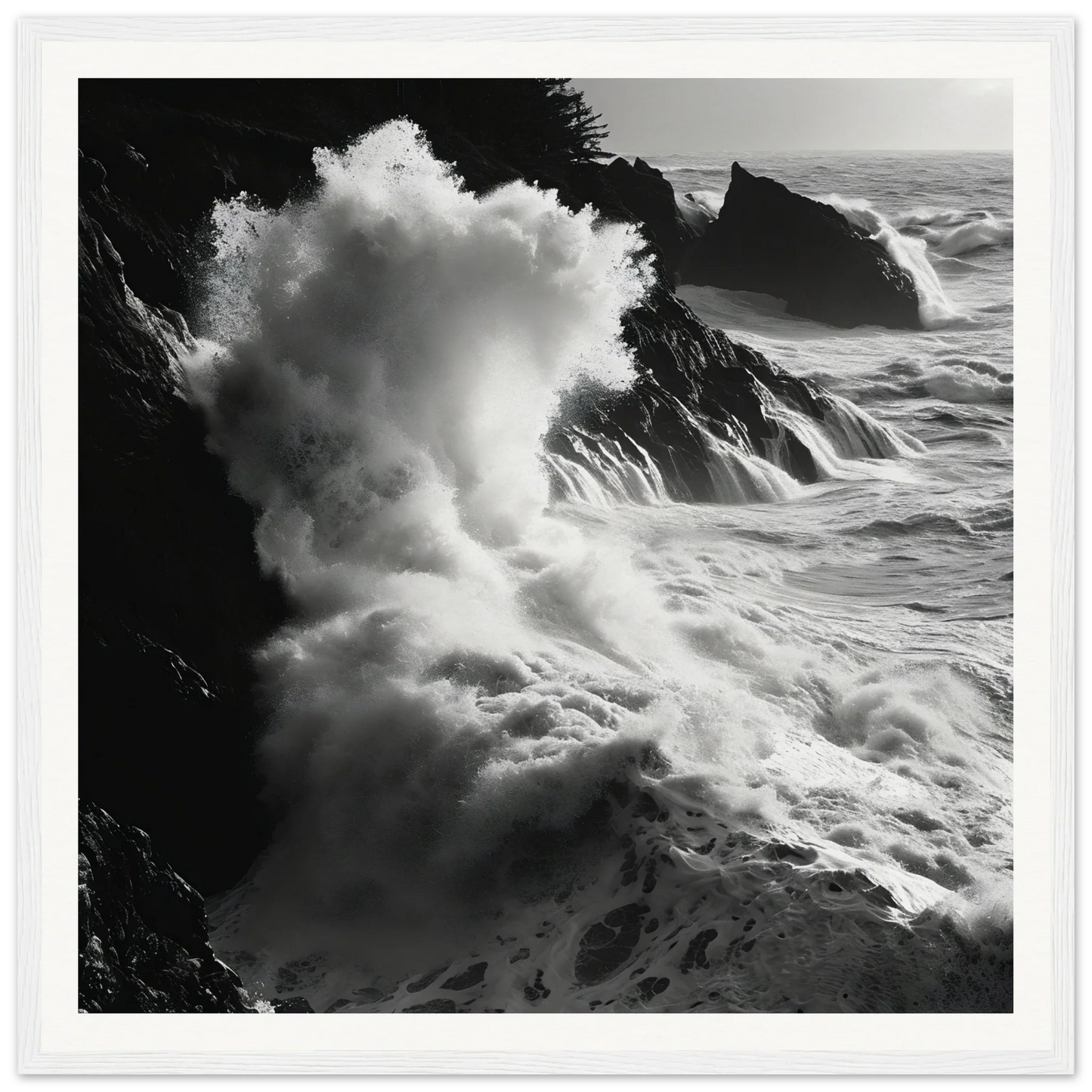 Powerful ocean waves crashing on rocky cliffs in Seas Slaps Struzgwżues framed art