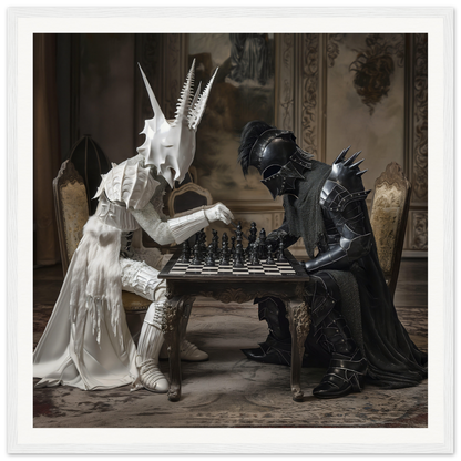 Two armored figures in white and black battling in a Serpentine Strategists Duel chess game