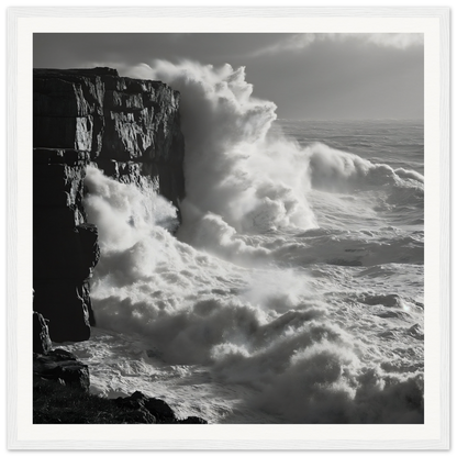 Powerful ocean waves crashing against a rocky cliff in Shattered Liquid Symphony art™