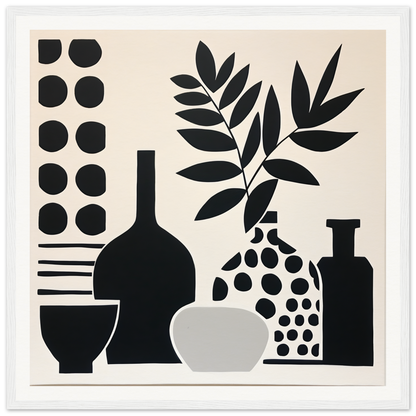 Black and white minimalist still life of vases and plants in Silhouette Reciprocity Waves