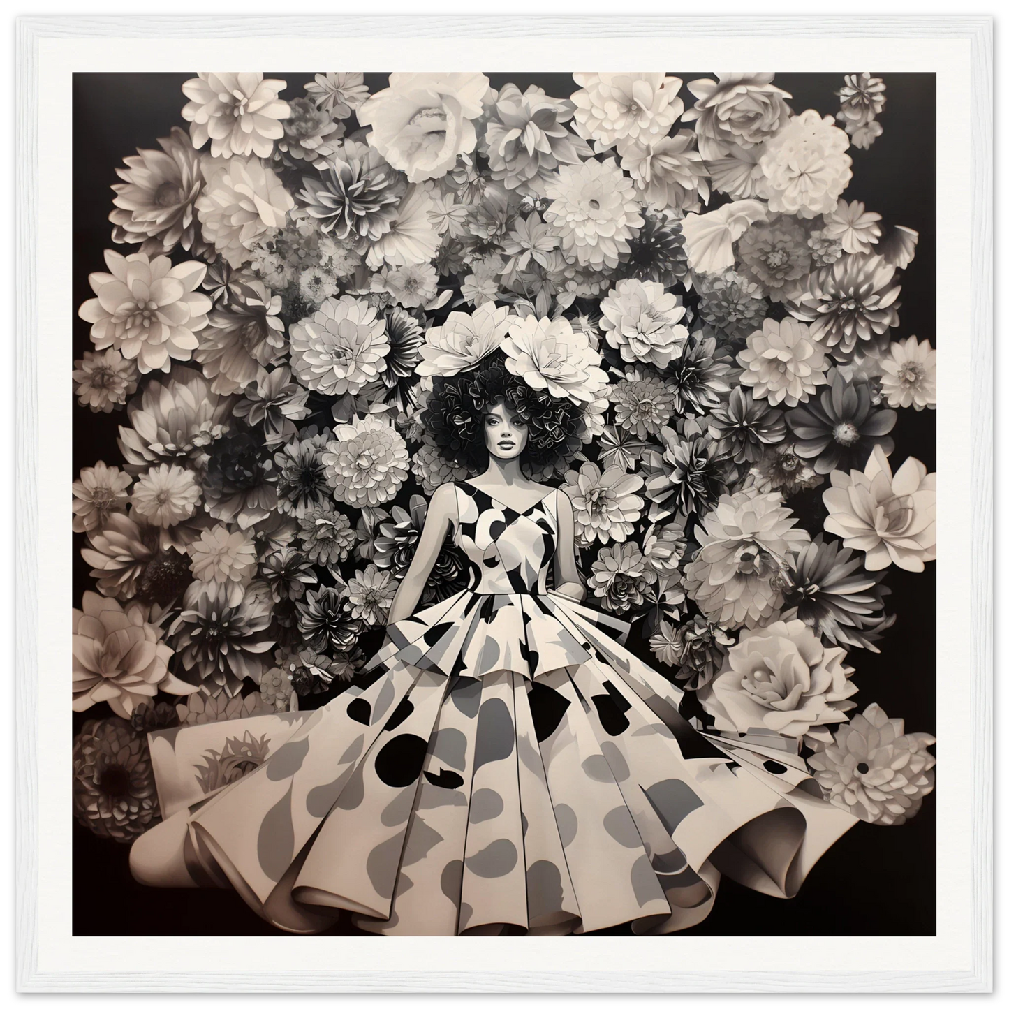 Polka dot ball gown with full skirt in front of a floral art print backdrop, Sprung Graced Reverie