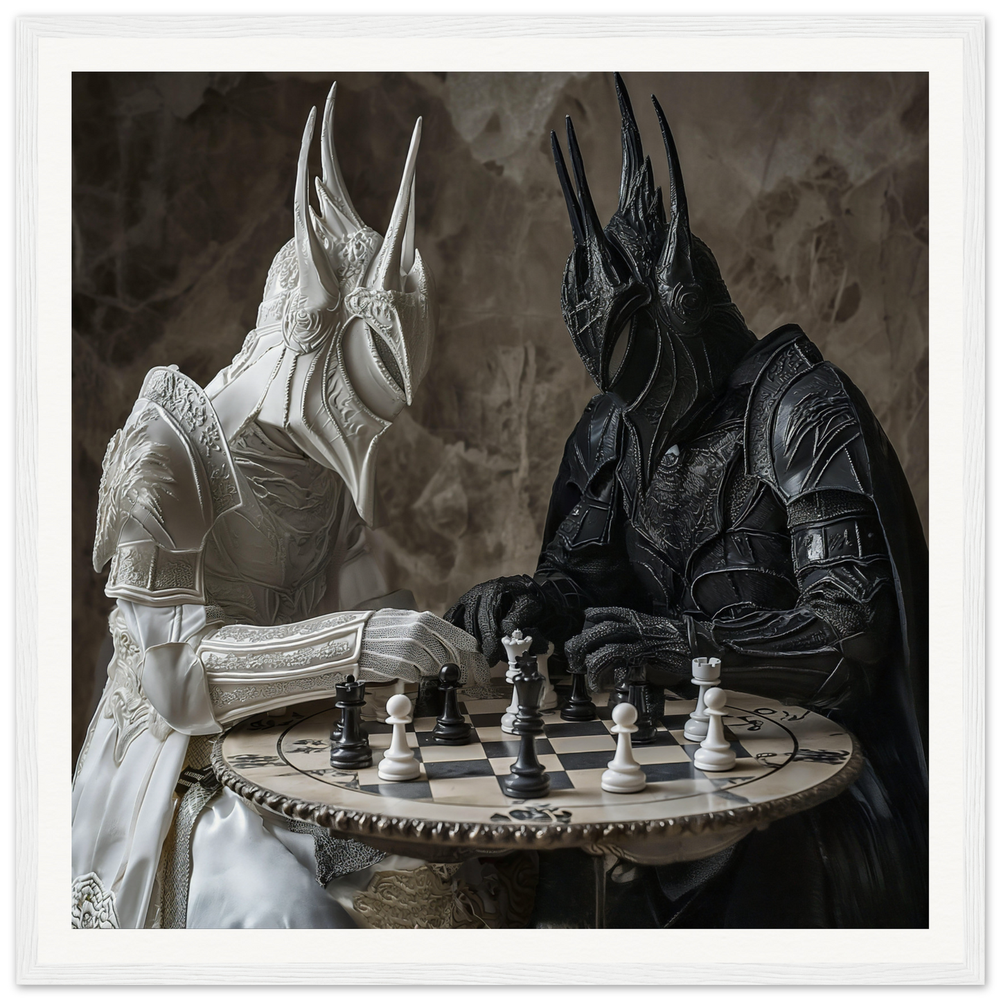 Two armored figures in white and black play chess in Strategic Armor Delusion art