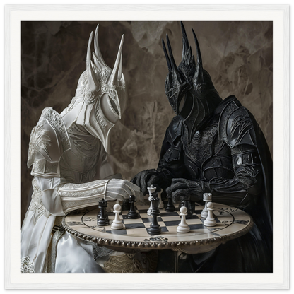 Two armored figures in white and black play chess in Strategic Armor Delusion art