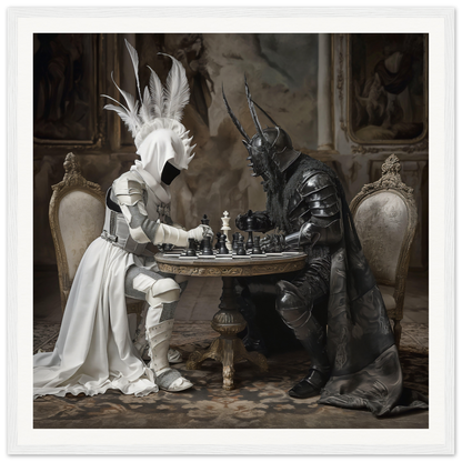 Two armored figures play chess at an ornate table in Strategic Enigma Echoes art